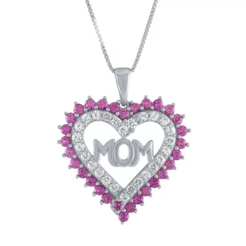 "Mom" Pink & White Lab-Created Sapphire Sterling Silver Heart Pendant Necklace