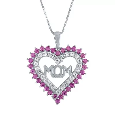 "Mom" Pink & White Lab-Created Sapphire Sterling Silver Heart Pendant Necklace