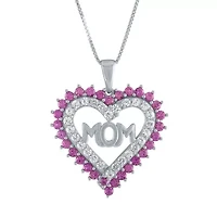 "Mom" Pink & White Lab-Created Sapphire Sterling Silver Heart Pendant Necklace