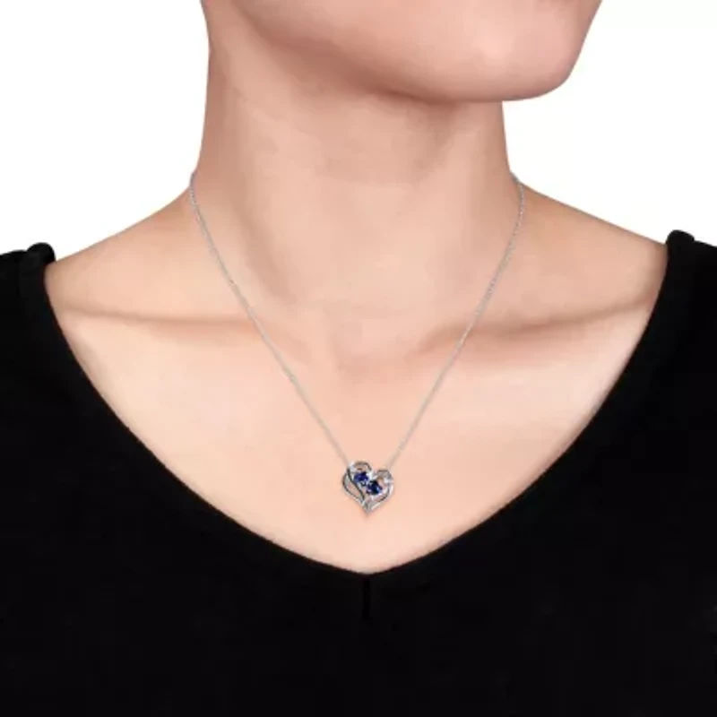 Womens Diamond Accent Lab Created Sapphire Sterling Silver Heart 18 Inch Pendant Necklace