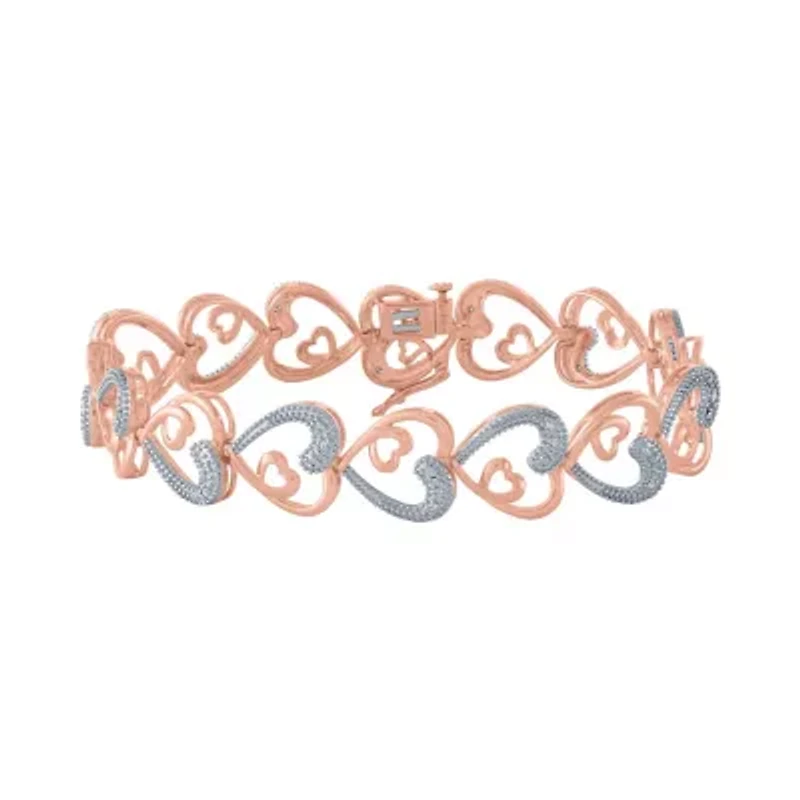1/10 CT. T.W. Natural White Diamond Heart 7.5 Inch Tennis Bracelet in 14K Gold Over Silver