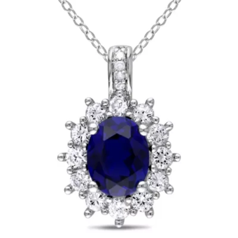 Womens Diamond Accent Lab Created Blue Sapphire Sterling Silver 18 Inch Pendant Necklace