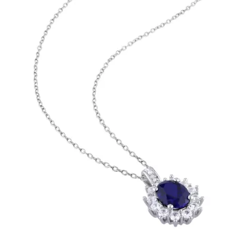 Womens Diamond Accent Lab Created Blue Sapphire Sterling Silver 18 Inch Pendant Necklace