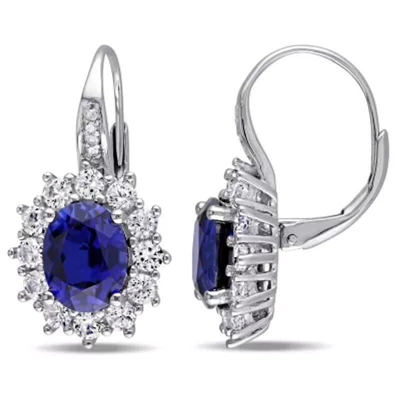 Womens Diamond Accent Lab Created Blue Sapphire Sterling Silver Oval Drop Earrings