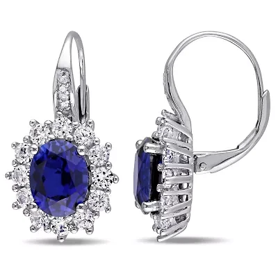 Womens Diamond Accent Lab Created Blue Sapphire Sterling Silver Oval Drop Earrings