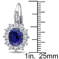 Womens Diamond Accent Lab Created Blue Sapphire Sterling Silver Oval Drop Earrings
