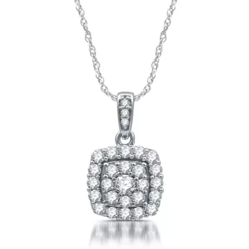 Diamond Blossom Womens 1/2 CT. T.W. Natural White Diamond 10K White Gold Cushion 18 Inch Pendant Necklace