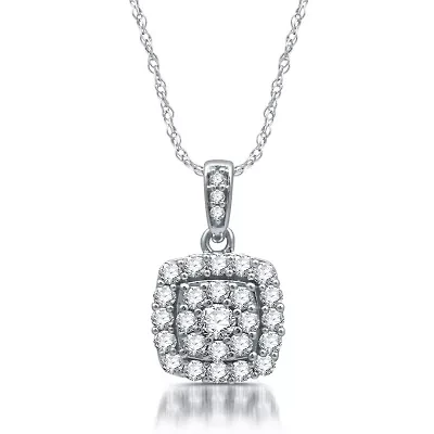 Diamond Blossom Womens 1/2 CT. T.W. Natural White Diamond 10K White Gold Cushion 18 Inch Pendant Necklace