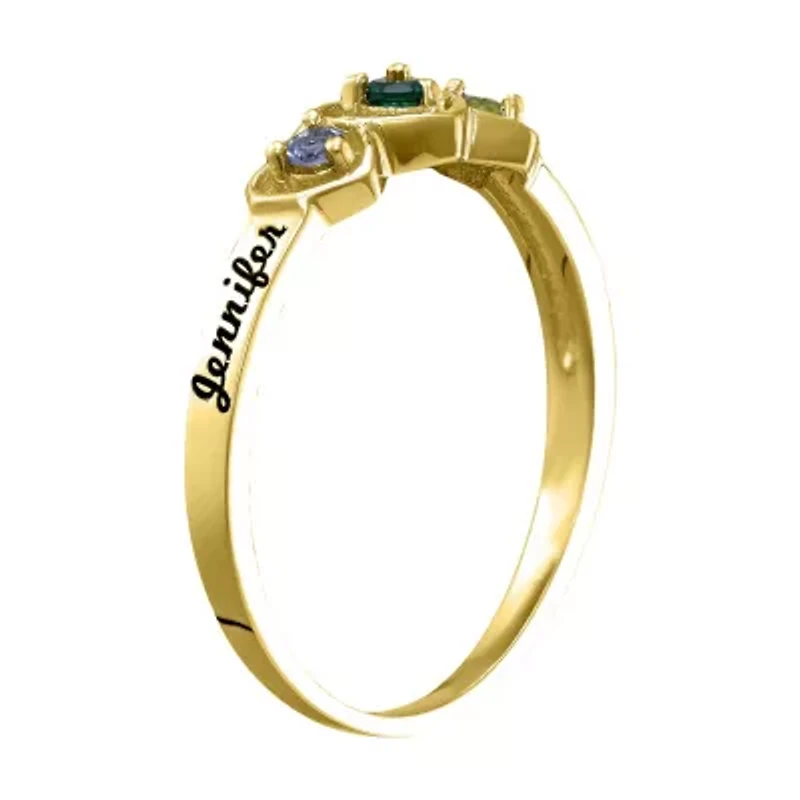 Personalized Womens Simulated 14K Gold Heart 3-Stone Cocktail Ring