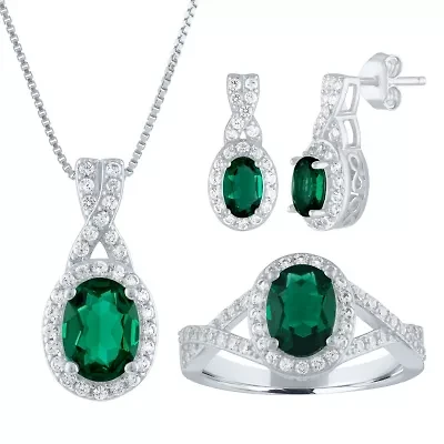 Womens Lab Created Green Emerald Sterling Silver Jewelry Set