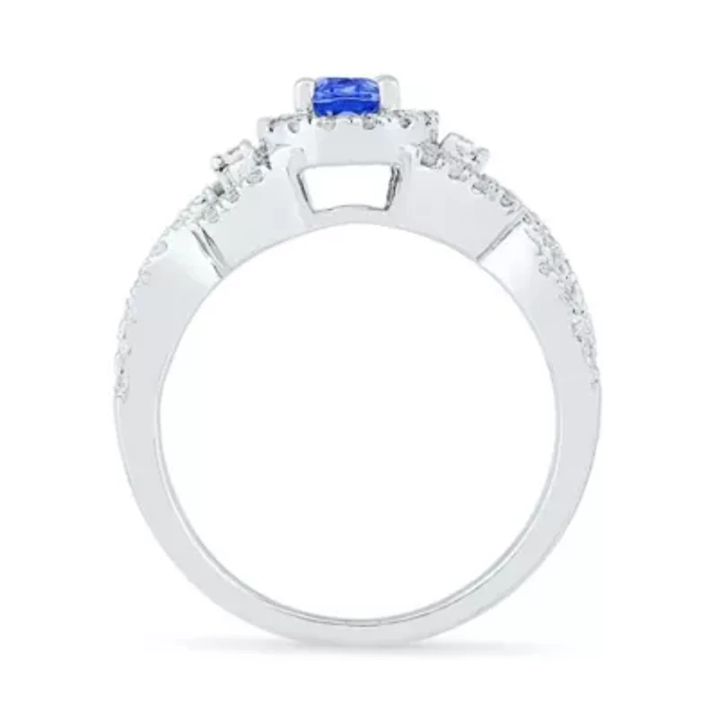 Womens Lab Created Blue Sapphire Sterling Silver Halo Promise Ring