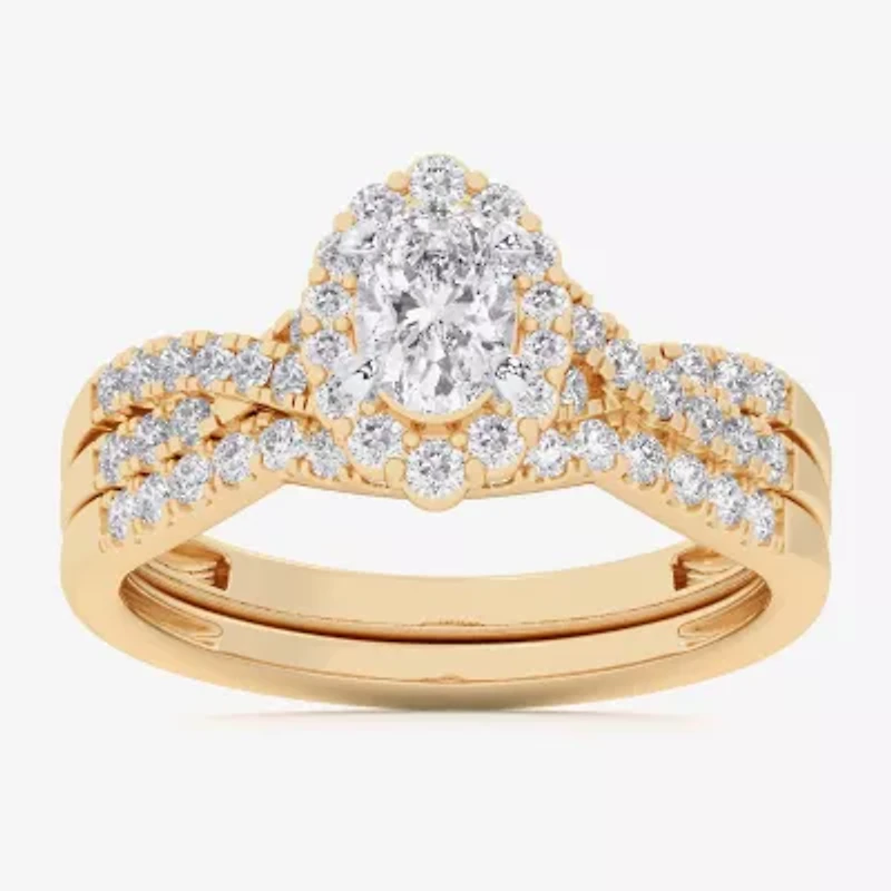 (G-H / Si1-Si2) Womens 7/8 CT. T.W. Lab Grown White Diamond 10K Gold Oval Side Stone Halo Bridal Set