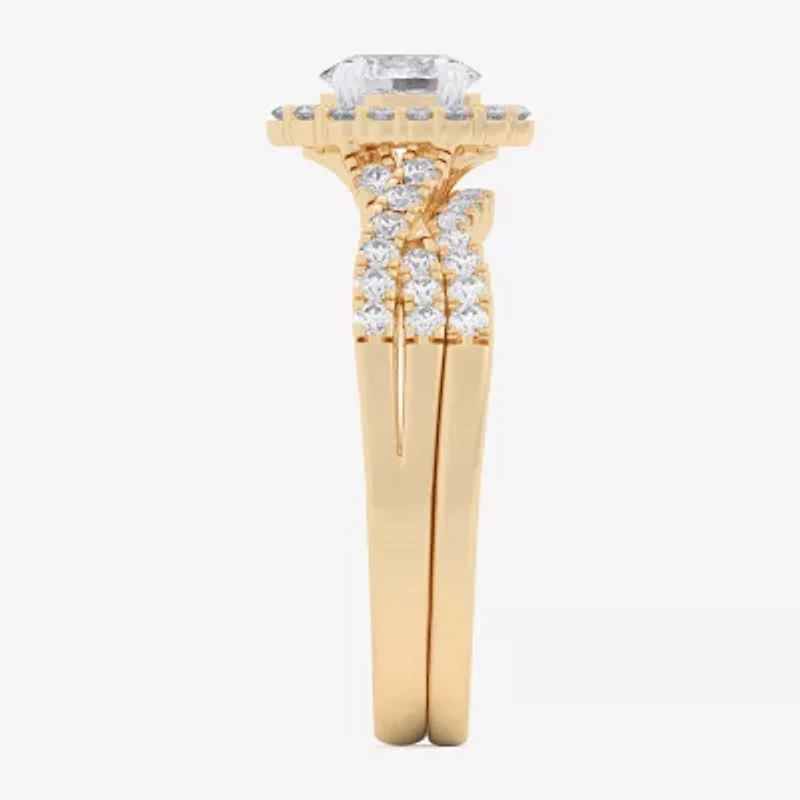(G-H / Si1-Si2) Womens 7/8 CT. T.W. Lab Grown White Diamond 10K Gold Oval Side Stone Halo Bridal Set