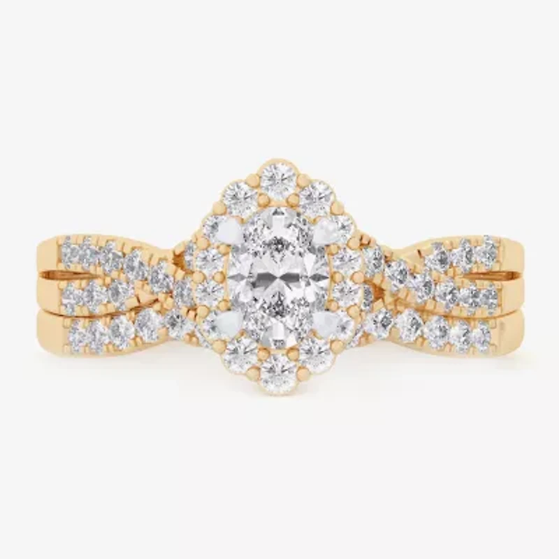 (G-H / Si1-Si2) Womens 7/8 CT. T.W. Lab Grown White Diamond 10K Gold Oval Side Stone Halo Bridal Set