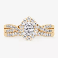 (G-H / Si1-Si2) Womens 7/8 CT. T.W. Lab Grown White Diamond 10K Gold Oval Side Stone Halo Bridal Set
