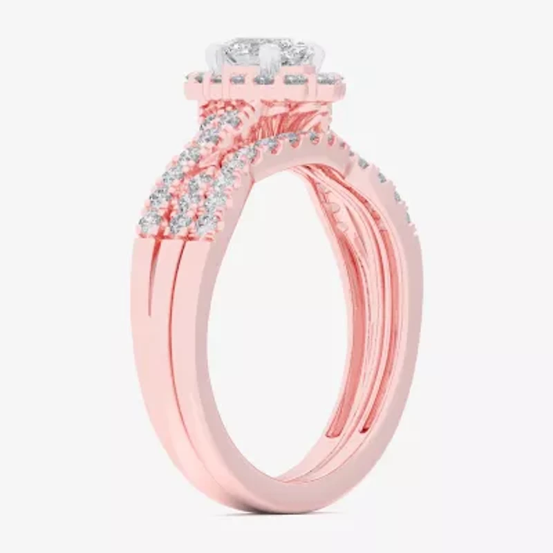 (G-H / Si1-Si2) Womens 7/8 CT. T.W. Lab Grown White Diamond 10K Gold Oval Side Stone Halo Bridal Set