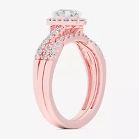 (G-H / Si1-Si2) Womens 7/8 CT. T.W. Lab Grown White Diamond 10K Gold Oval Side Stone Halo Bridal Set