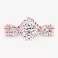 (G-H / Si1-Si2) Womens 7/8 CT. T.W. Lab Grown White Diamond 10K Gold Oval Side Stone Halo Bridal Set