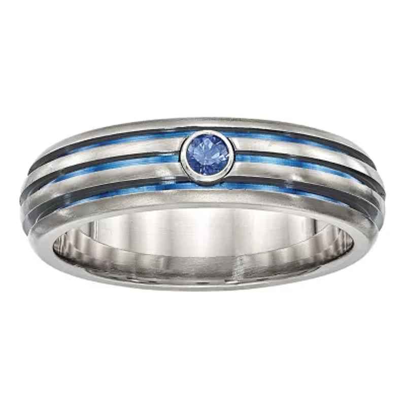 Edward Mirell Mens Genuine Blue Sapphire Titanium Triple grooved Anodized Wedding Band