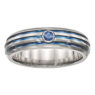 Edward Mirell Mens Genuine Blue Sapphire Titanium Triple grooved Anodized Wedding Band