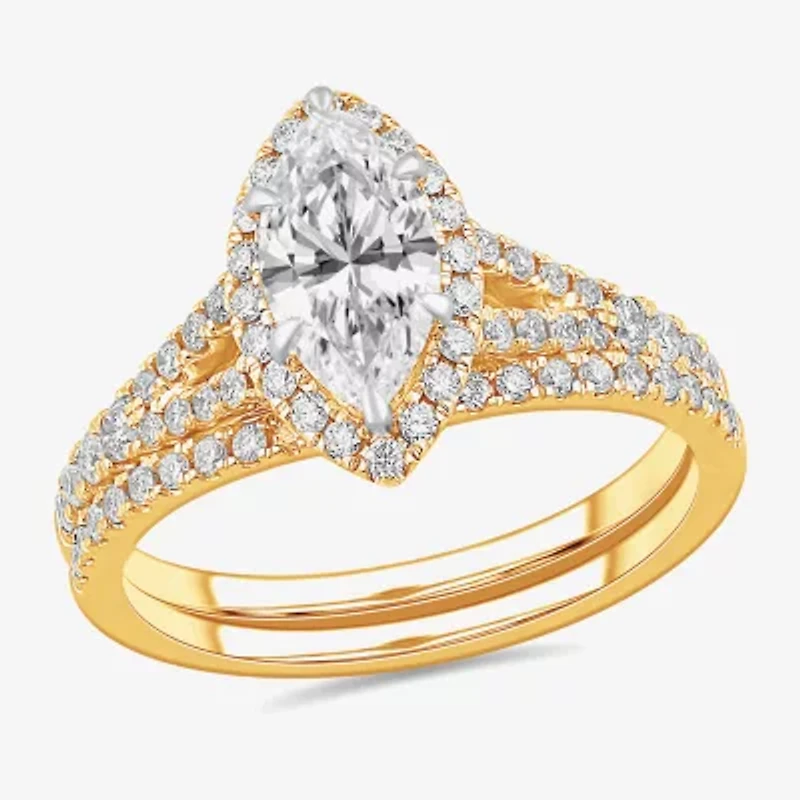 Womens 1 1/2 CT. T.W. Lab Grown White Diamond 14K Gold Marquise Side Stone Halo Bridal Set
