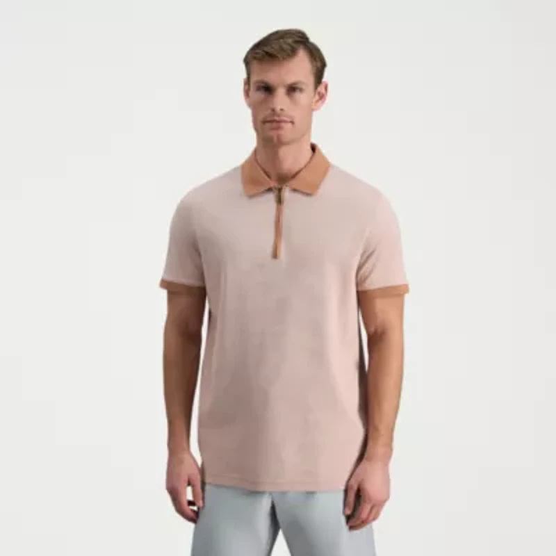 Haggar Rib Knit Zip Front Mens Regular Fit Short Sleeve Polo Shirt