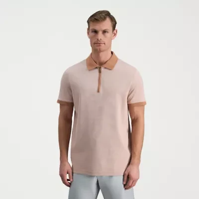 Haggar Rib Knit Zip Front Mens Regular Fit Short Sleeve Polo Shirt