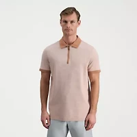 Haggar Rib Knit Zip Front Mens Regular Fit Short Sleeve Polo Shirt