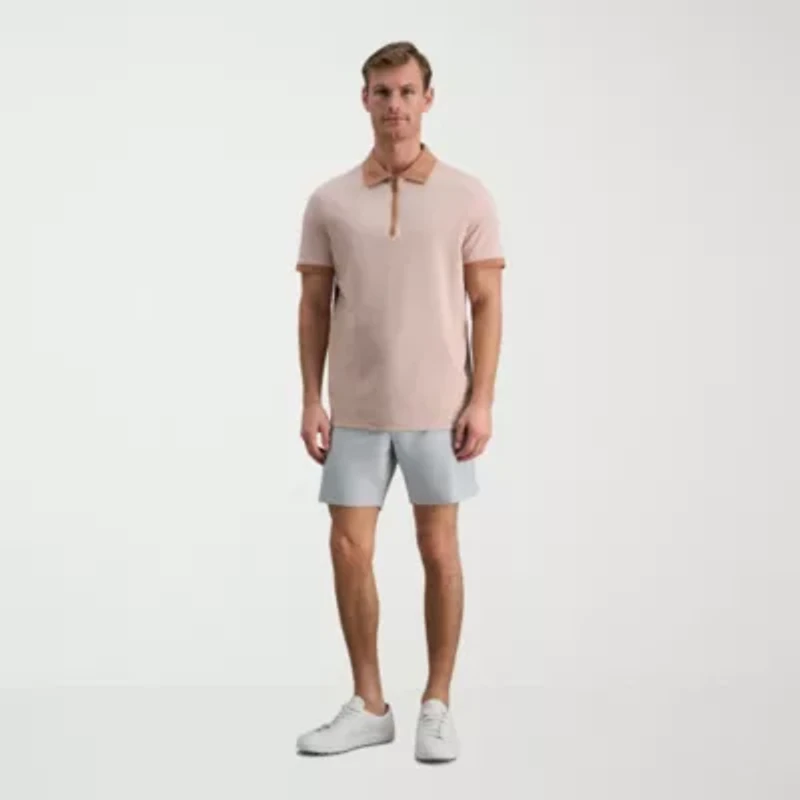 Haggar Rib Knit Zip Front Mens Regular Fit Short Sleeve Polo Shirt