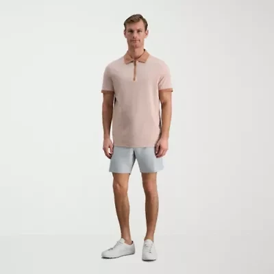 Haggar Rib Knit Zip Front Mens Regular Fit Short Sleeve Polo Shirt