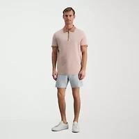 Haggar Rib Knit Zip Front Mens Regular Fit Short Sleeve Polo Shirt