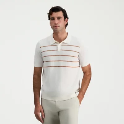 Haggar Linen Blend Retro Stripe Mens Short Sleeve Button Polo Sweater