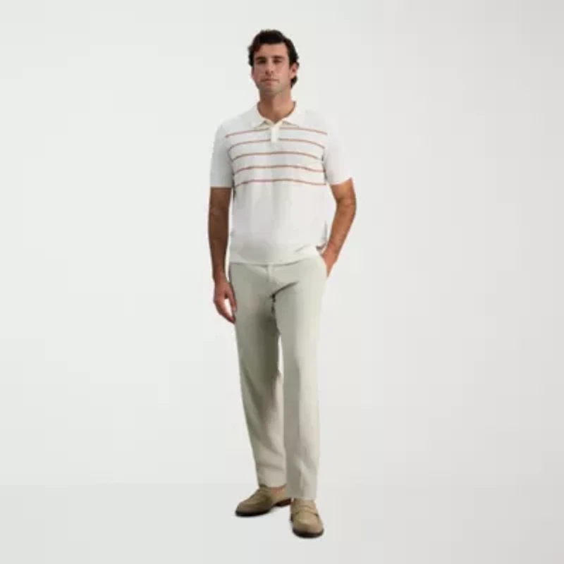 Haggar Linen Blend Retro Stripe Mens Short Sleeve Button Polo Sweater