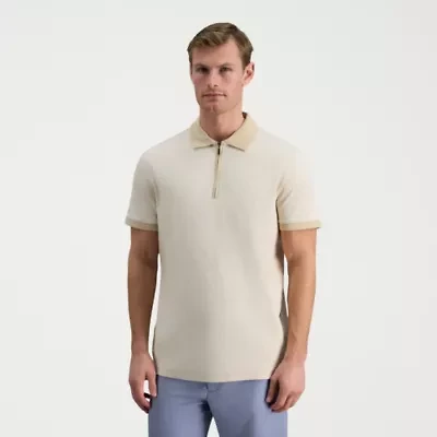 Haggar Rib Knit Zip Front Mens Regular Fit Short Sleeve Polo Shirt