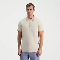 Haggar Rib Knit Zip Front Mens Regular Fit Short Sleeve Polo Shirt