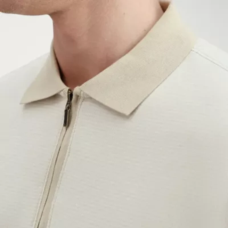 Haggar Rib Knit Zip Front Mens Regular Fit Short Sleeve Polo Shirt