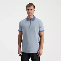 Haggar Rib Knit Zip Front Mens Regular Fit Short Sleeve Polo Shirt