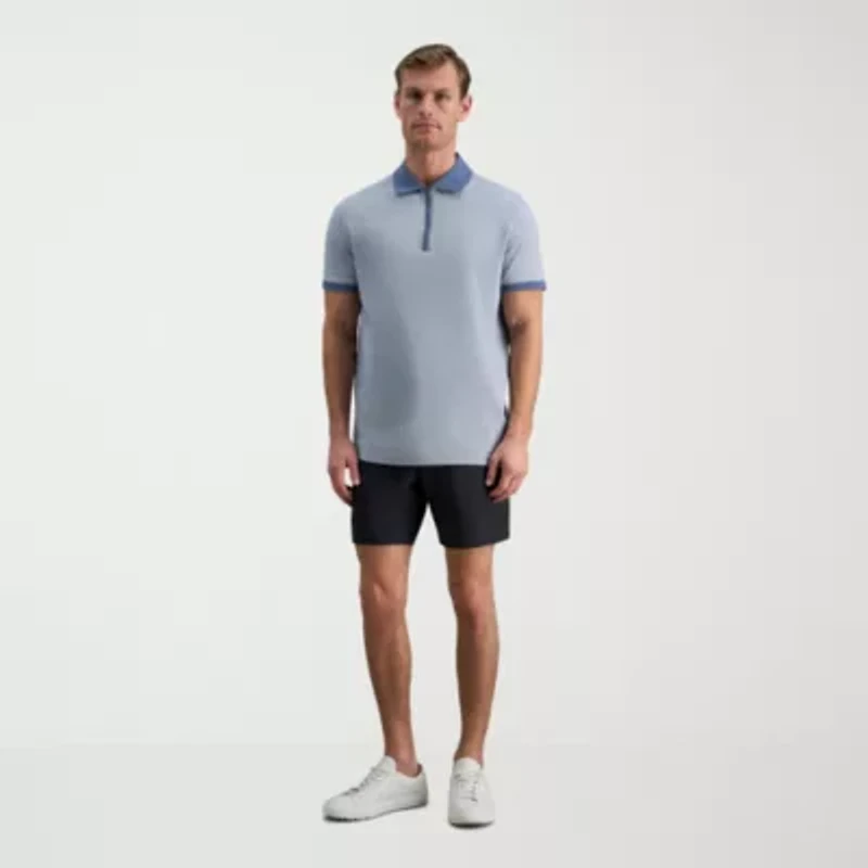 Haggar Rib Knit Zip Front Mens Regular Fit Short Sleeve Polo Shirt
