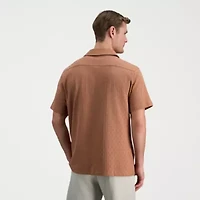 Haggar Knit Jacquard Mens Short Sleeve Regular Fit Button-Down Shirt