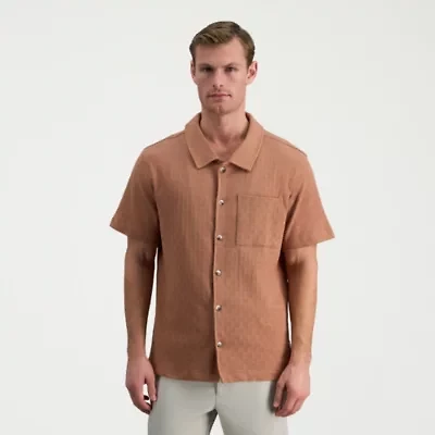 Haggar Knit Jacquard Mens Short Sleeve Regular Fit Button-Down Shirt