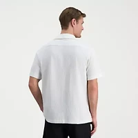 Haggar Knit Jacquard Mens Short Sleeve Regular Fit Button-Down Shirt