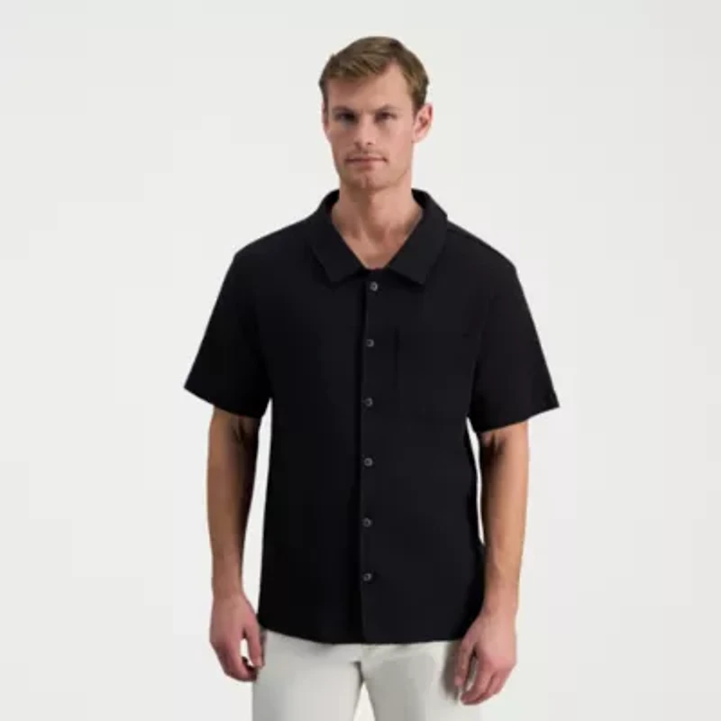 Haggar Knit Jacquard Mens Short Sleeve Regular Fit Button-Down Shirt