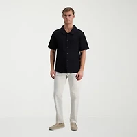 Haggar Knit Jacquard Mens Short Sleeve Regular Fit Button-Down Shirt
