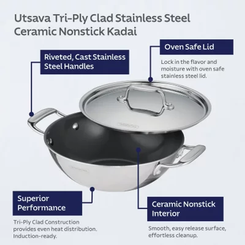 Tramontina Utsava Stainless Steel -qt. Covered Kadai