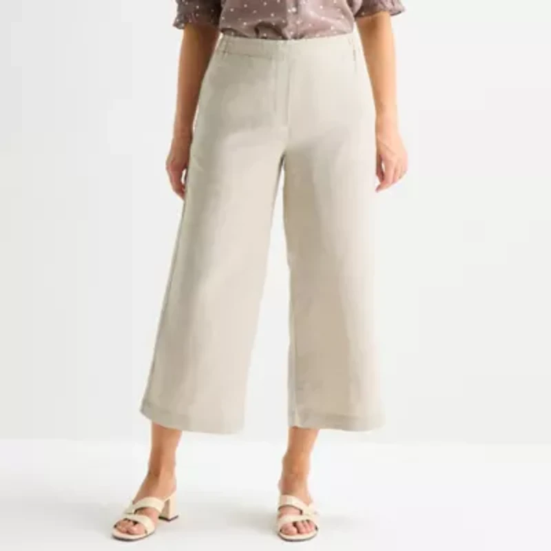 Liz Claiborne Linen Womens Wide Leg Mid Rise Cropped Pant