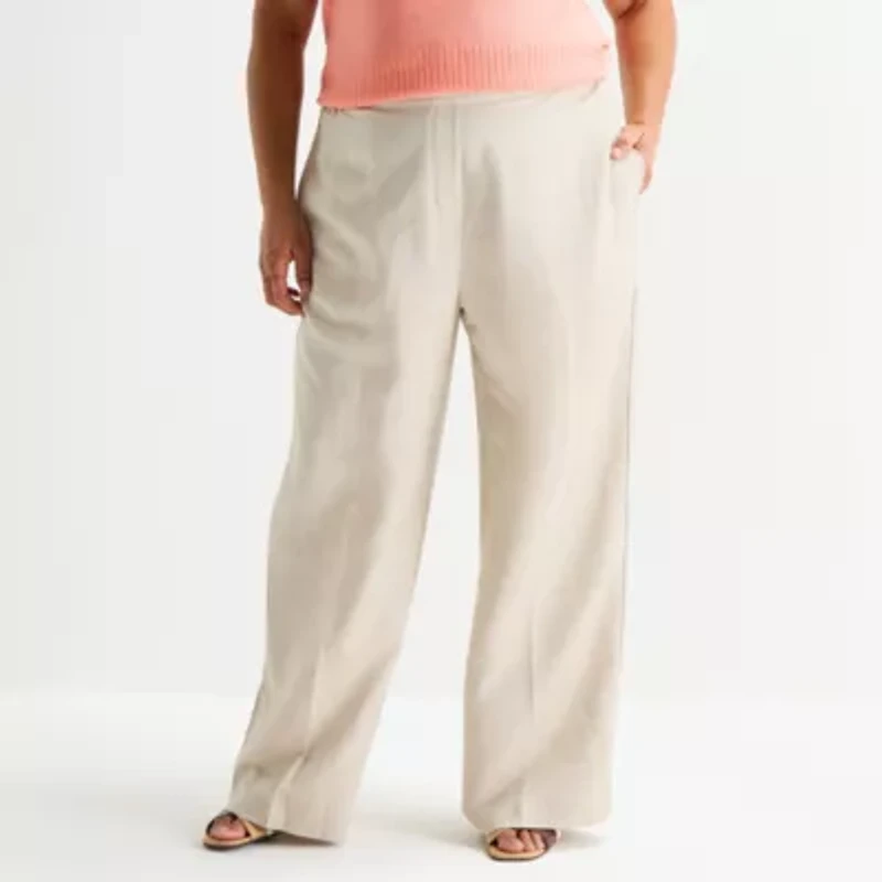 Liz Claiborne Linen Womens Plus Wide Leg Mid Rise Pull-On Pant