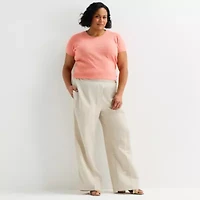 Liz Claiborne Linen Womens Plus Wide Leg Mid Rise Pull-On Pant