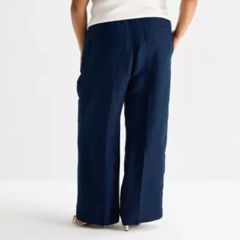 Liz Claiborne Linen Womens Plus Wide Leg Mid Rise Pull-On Pant