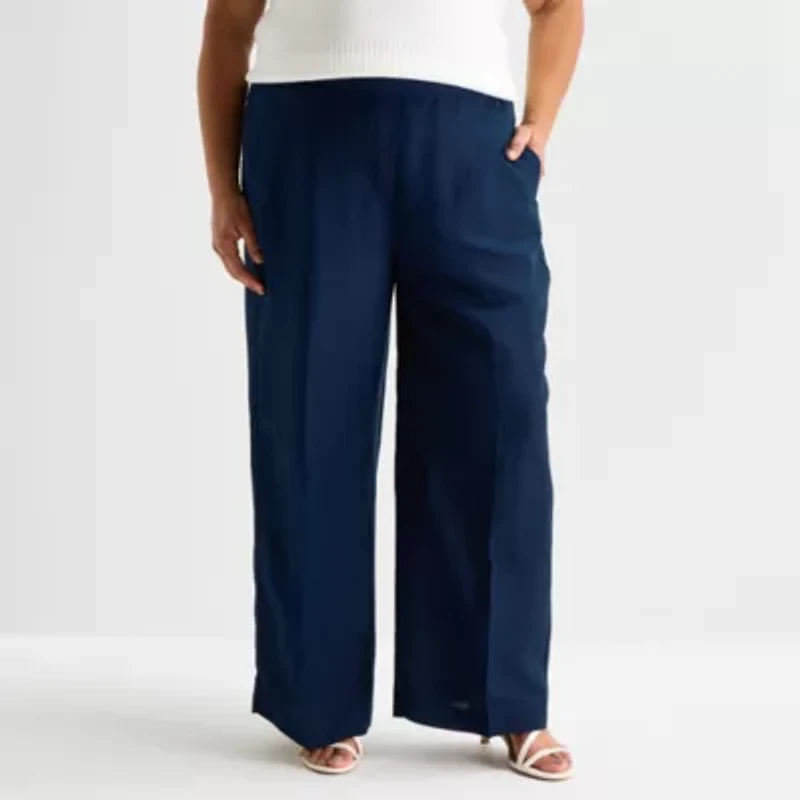 Liz Claiborne Linen Womens Plus Wide Leg Mid Rise Pull-On Pant