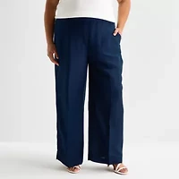 Liz Claiborne Linen Womens Plus Wide Leg Mid Rise Pull-On Pant